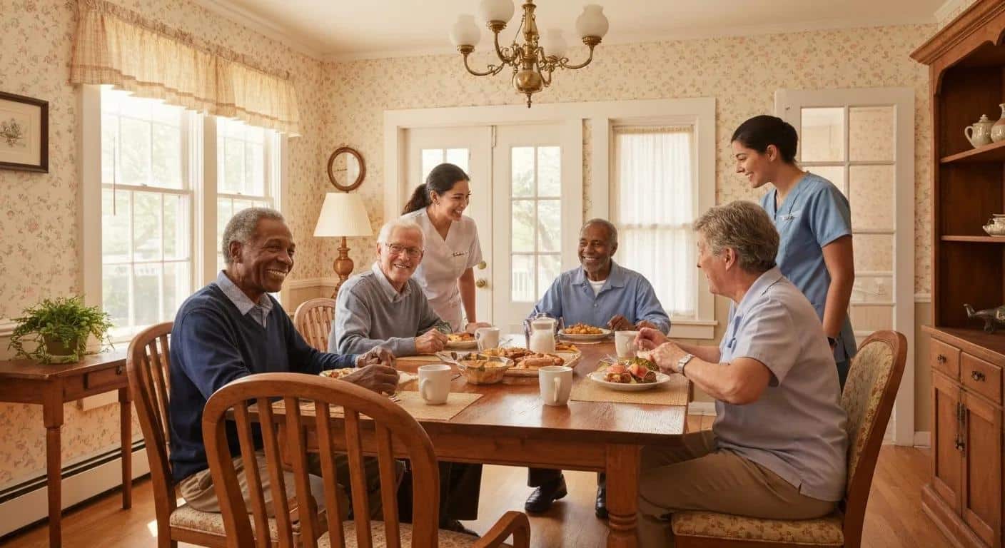 Residents enjoying a meal together in a cozy memory care home, highlighting community and personalized care