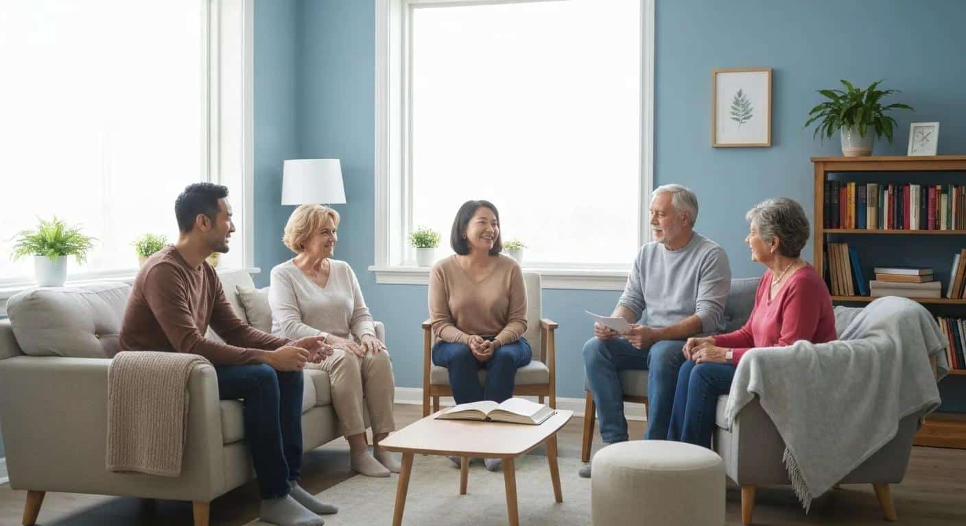 Caregivers participating in a support group meeting, sharing experiences and fostering community to manage stress and burnout