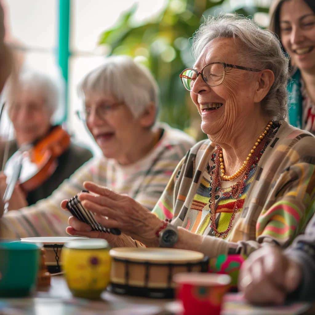 Dementia residents enjoying a reminiscence therapy session with familiar objects and joyful interactions
