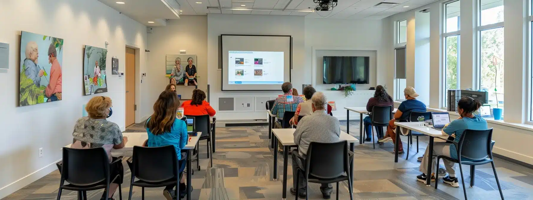 a bright, modern alzheimer care facility's training room, showcasing a diverse group of staff engaged in a dynamic workshop, with interactive learning tools and supportive visuals emphasizing teamwork and caregiver collaboration.