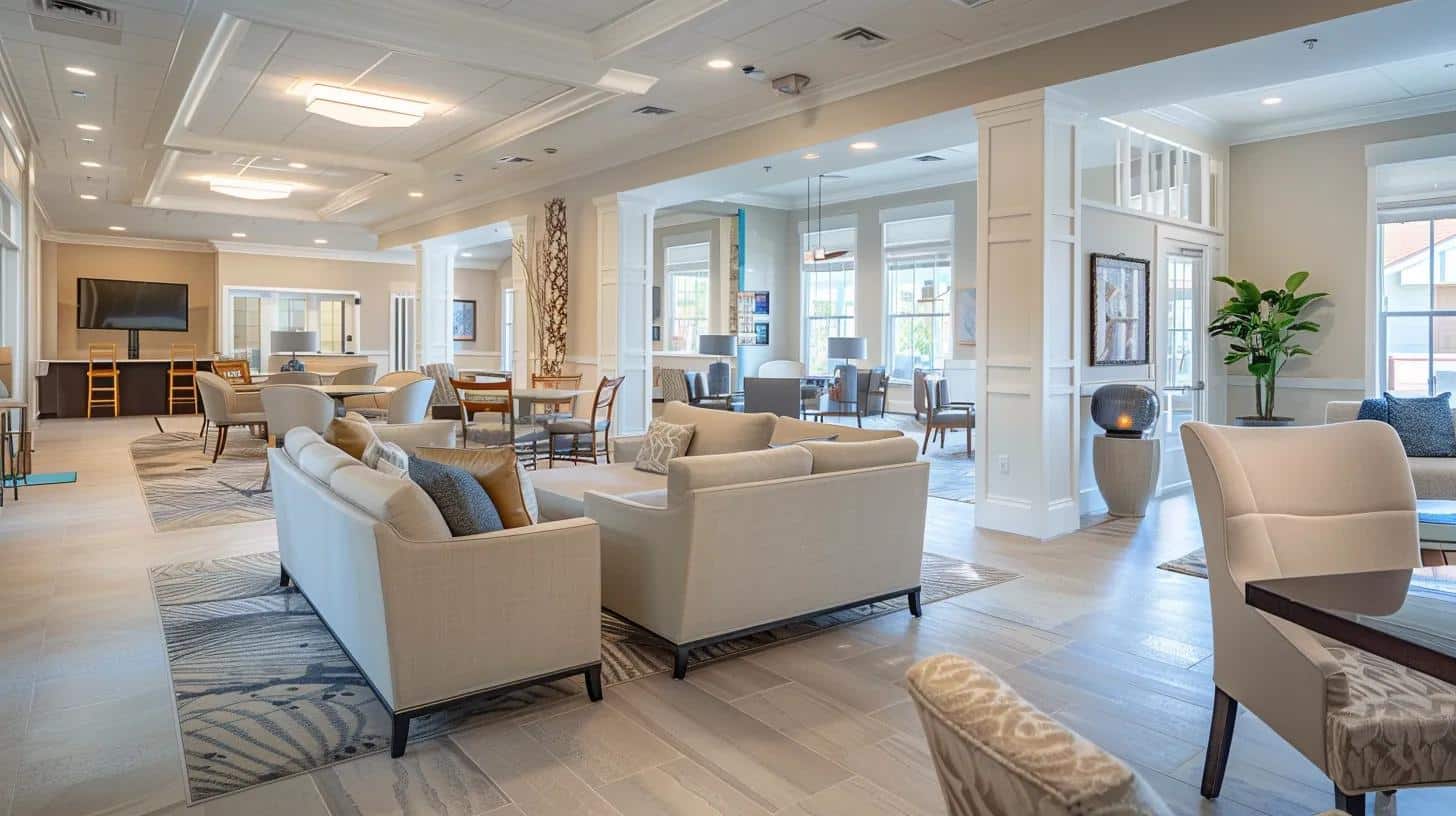a bright, modern assisted living facility setting showcases seniors engaging in activities such as cooking and exercising, emphasizing their independence and well-being amid supportive surroundings.