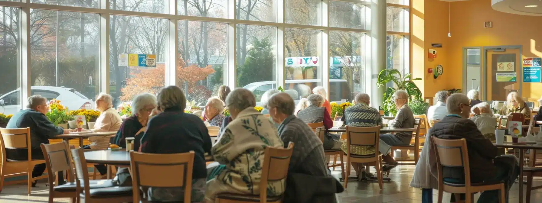 a brightly lit day services center features engaging activity stations where seniors with dementia participate in structured group activities, promoting socialization and support in a warm, welcoming indoor environment.