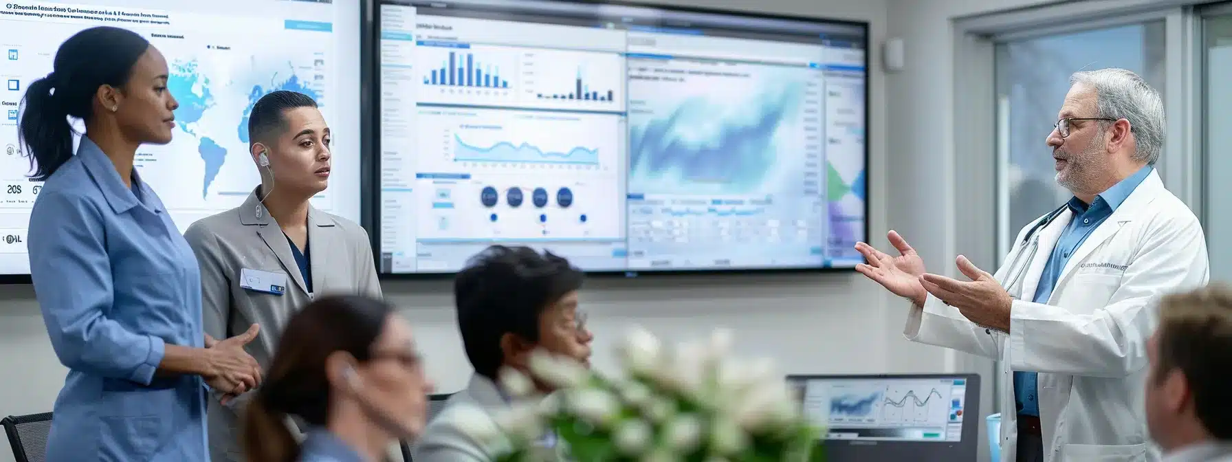 a brightly lit, modern alzheimer care facility conference room features a large digital display showcasing health monitoring data, while attentive staff engage in a focused discussion about emergency preparedness protocols, emphasizing the importance of clear communication and safety measures for residents.