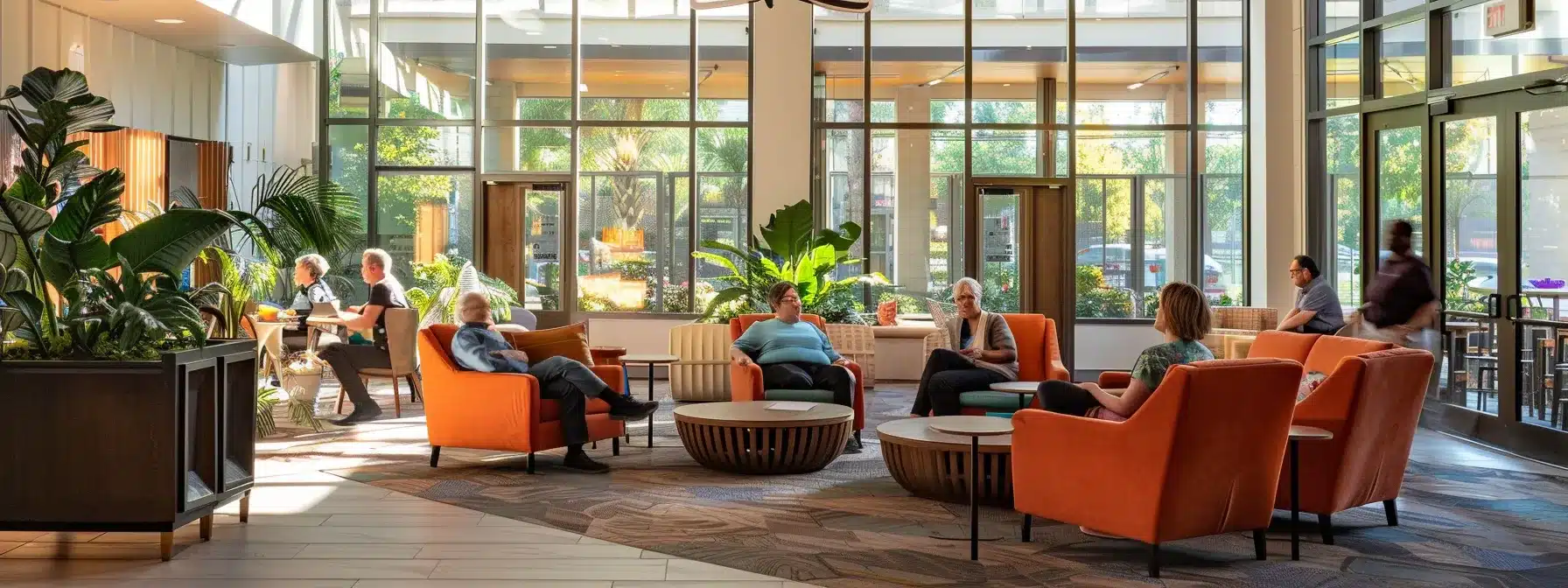 a brightly lit, modern assisted living facility atrium showcases engaged seniors participating in a vibrant group activity, surrounded by comfortable furnishings and supportive staff, emphasizing community and independence.