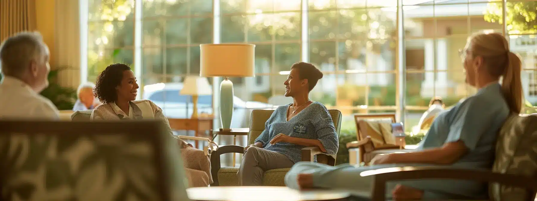 a compassionate registered nurse guides a family in a softly lit, modern nursing home, as they discuss personalized care plans and emotional support for an elderly resident, surrounded by warm colors and inviting furniture to create a welcoming atmosphere.
