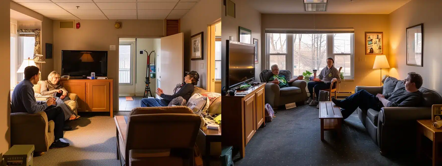 a cozy, well-lit common room in a dementia care home in michigan, featuring small groups of residents engaging in activities, with attentive staff members facilitating interactions, showcasing a nurturing and personalized atmosphere.