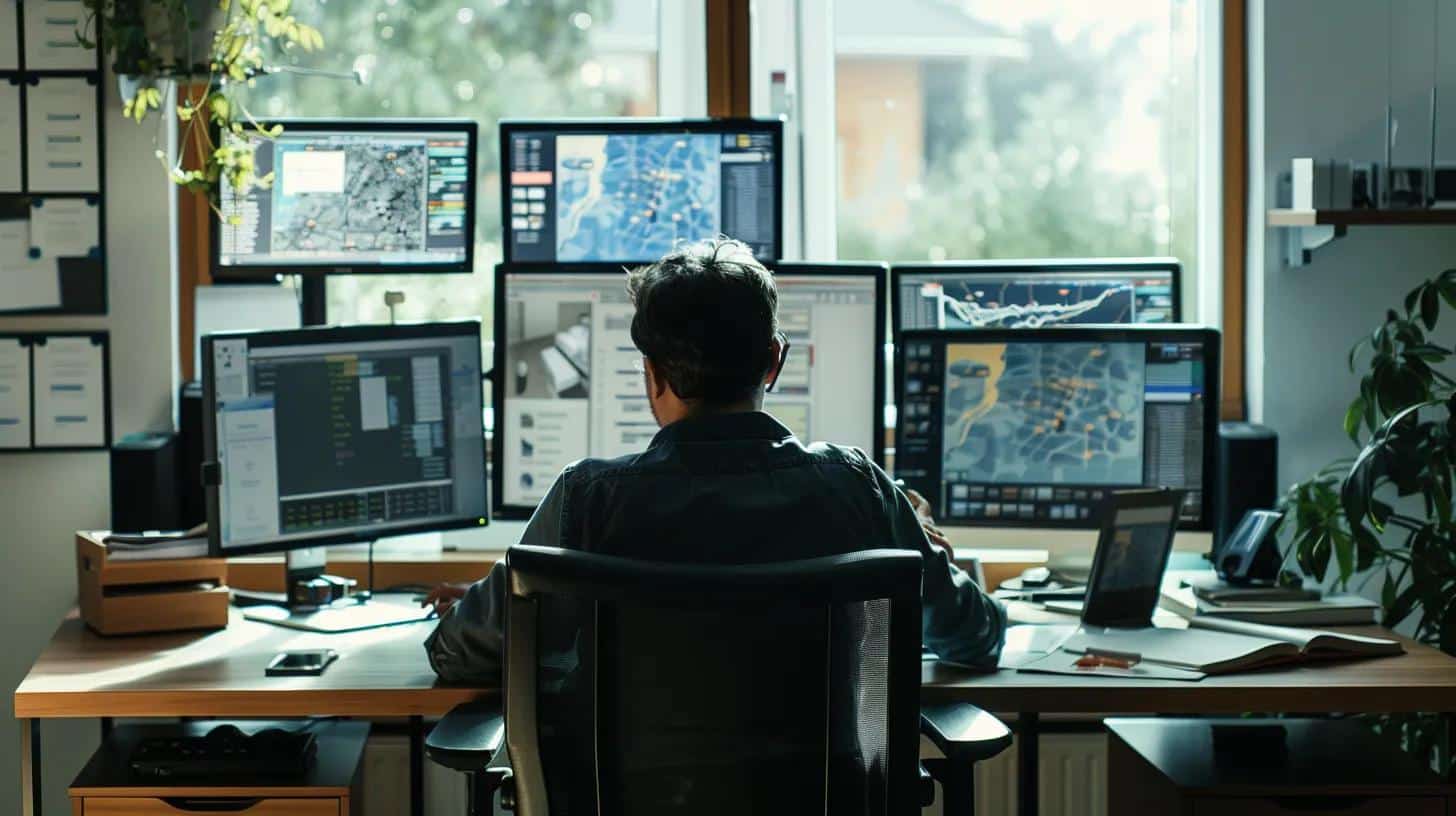 a focused individual sits at a sleek, modern desk surrounded by multiple screens displaying research data and maps, immersed in the task of locating memory care homes, with a notepad and phone nearby symbolizing a proactive and organized approach.