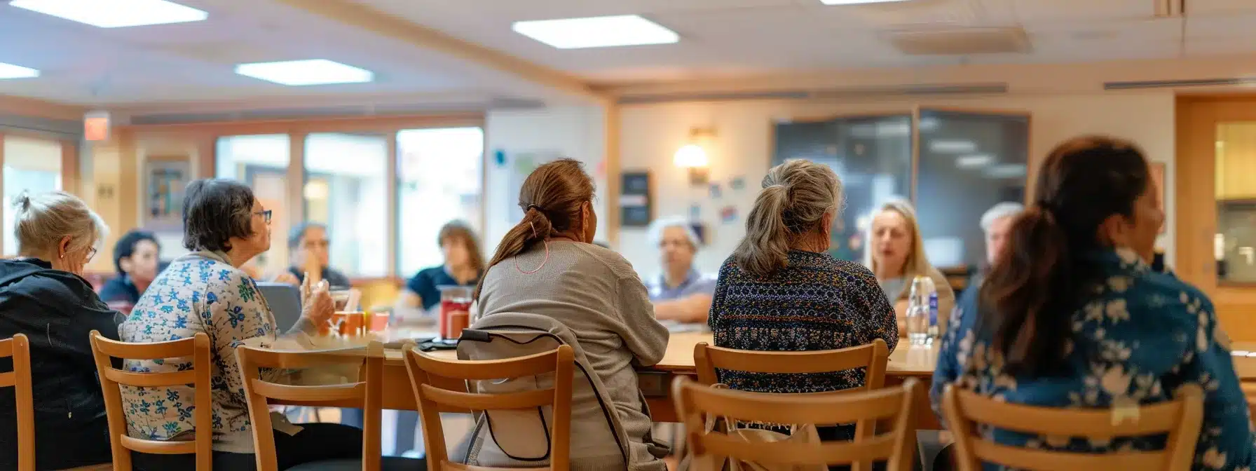 a focused training session in a modern nursing home facility, featuring attentive staff engaged in interactive dementia care workshops, illuminated by bright overhead lighting that highlights the seriousness of their mission.