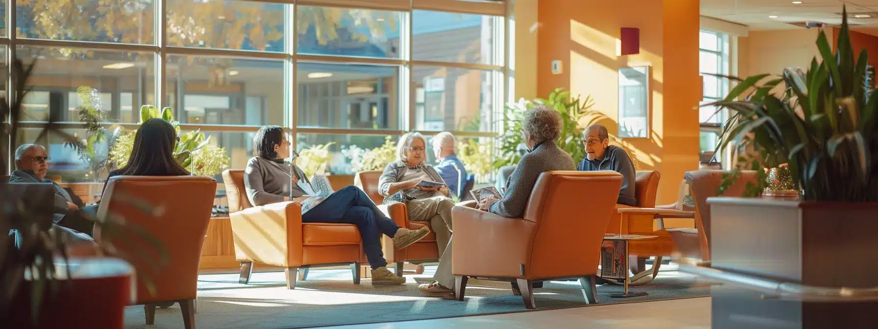 a modern alzheimer care facility lobby showcases a welcoming atmosphere with bright, comfortable seating areas, informative brochures on dementia support prominently displayed, and experienced staff engaging gently with families, reflecting a commitment to compassionate and equitable care.
