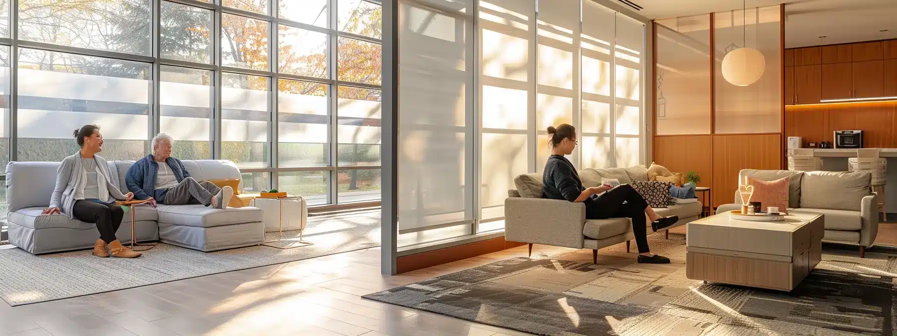 a modern alzheimer's care facility in michigan showcases a serene indoor therapy space, featuring thoughtfully arranged seating, engaging memory support activities, and residents participating in guided interactions with attentive staff, reflecting a commitment to personalized care and structured therapeutic initiatives.