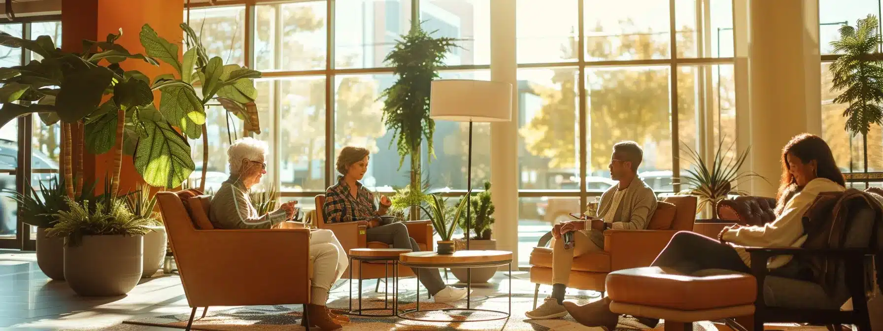 a modern and inviting assisted living facility lobby showcases a diverse group of residents engaged in social activities, with elegant furnishings and bright, warm lighting enhancing the atmosphere of comfort and care.