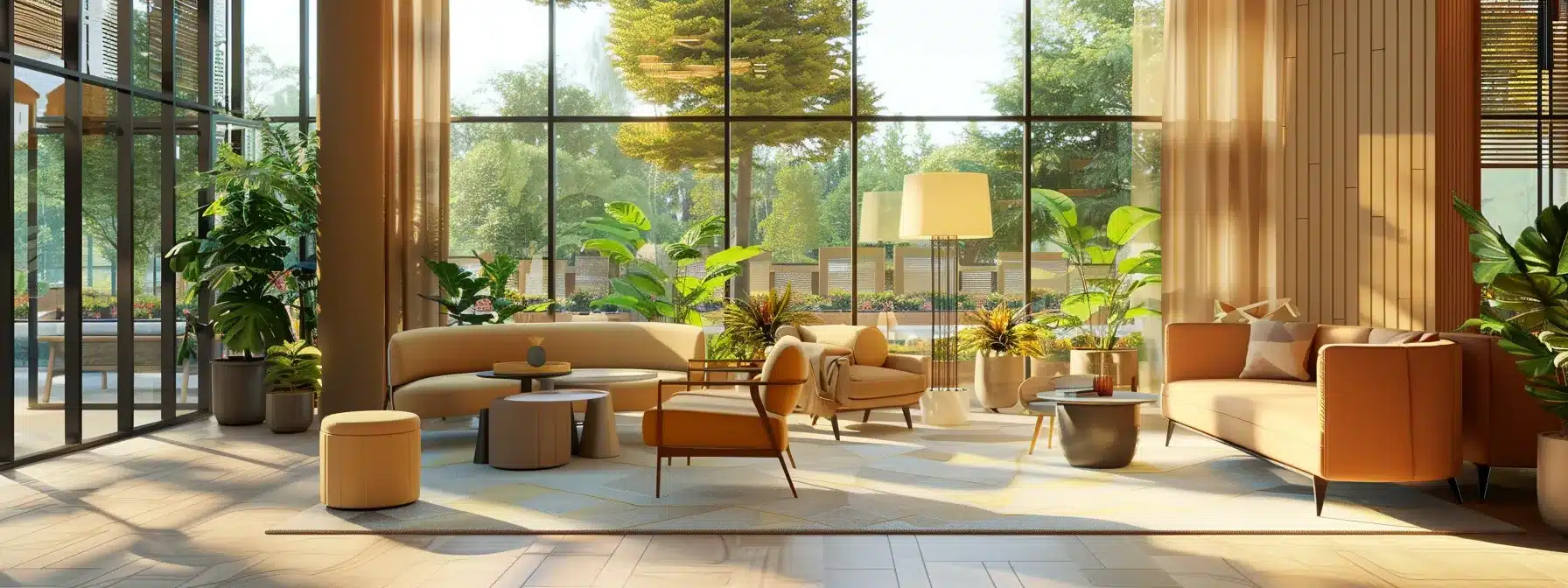 a modern assisted living facility lobby, featuring comfortable seating arrangements and contemporary decor, highlighting vibrant social interactions among residents while staff members provide attentive care in a warm and inviting atmosphere.