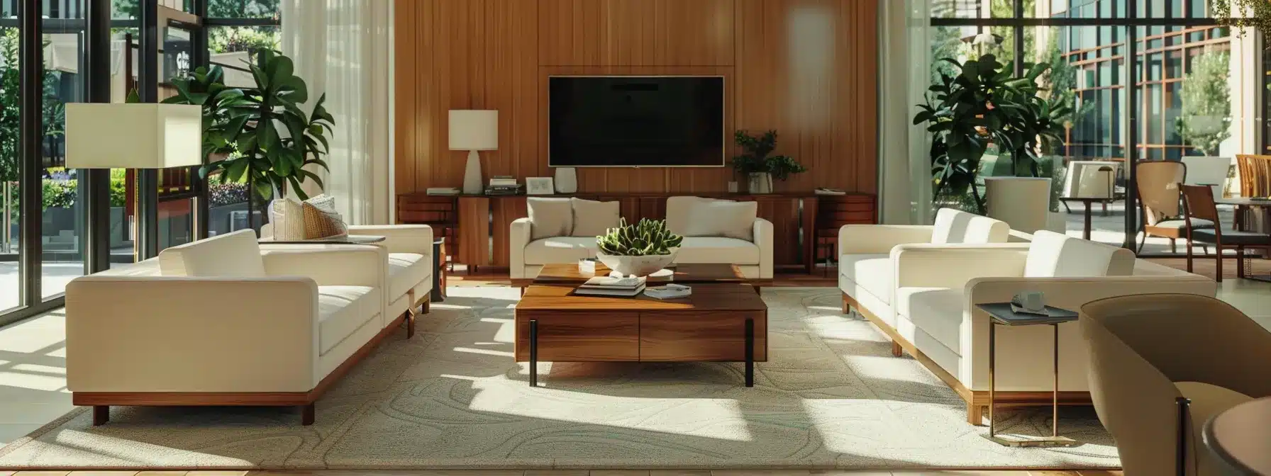 a modern assisted living facility interior showcases advanced technology with residents engaging in interactive smart home features, surrounded by elegant furnishings that emphasize comfort and innovation in senior care.