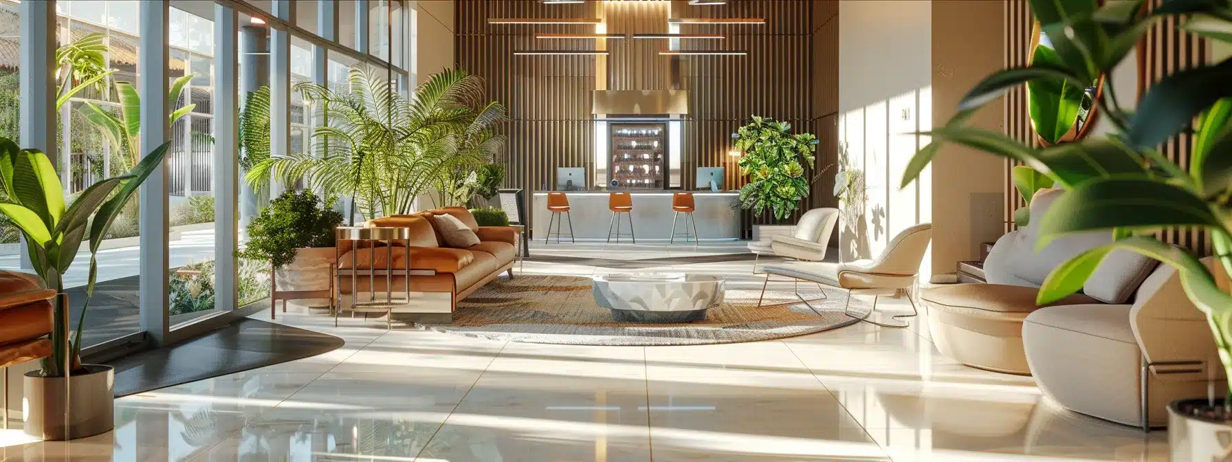 a modern assisted living facility features a sleek, well-designed communal space where innovative technology is subtly integrated into care services, showcasing engaging interactions among residents and staff in a vibrant, yet calming indoor atmosphere.