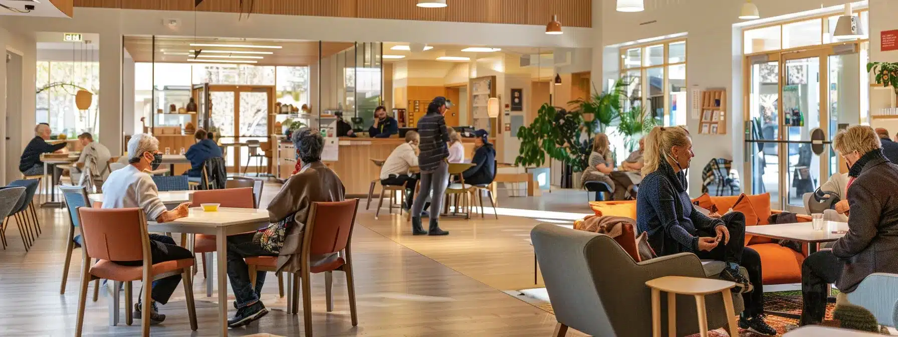 a modern assisted living facility's inviting common area showcases residents engaging in social activities, with attentive caregivers nearby, emphasizing the supportive and community-centered atmosphere of care services.