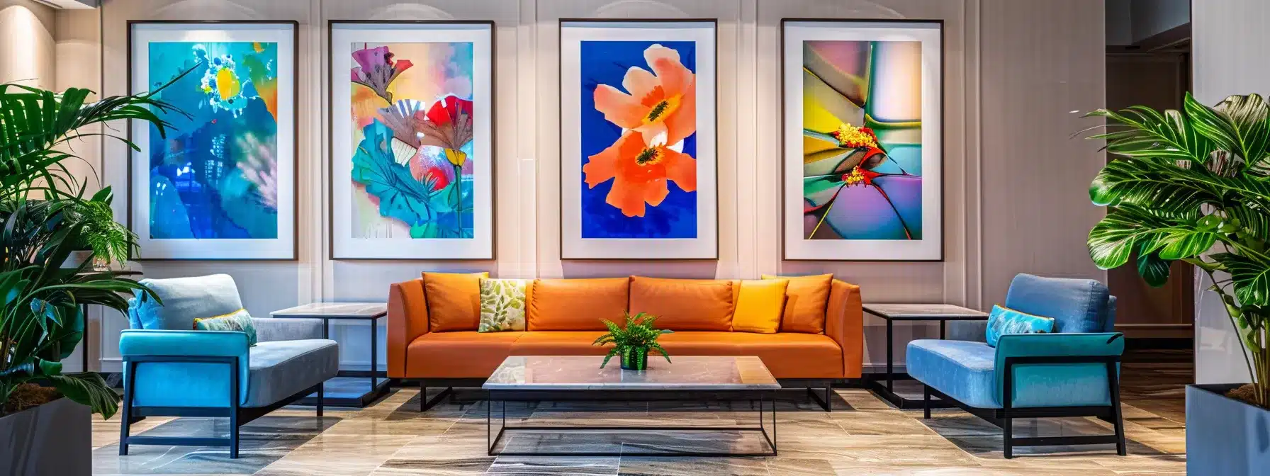 a modern assisted living facility lobby showcases inviting decor and comfortable seating, featuring vibrant artwork on the walls and a warm atmosphere, symbolizing the thoughtful selection process for elder care services.