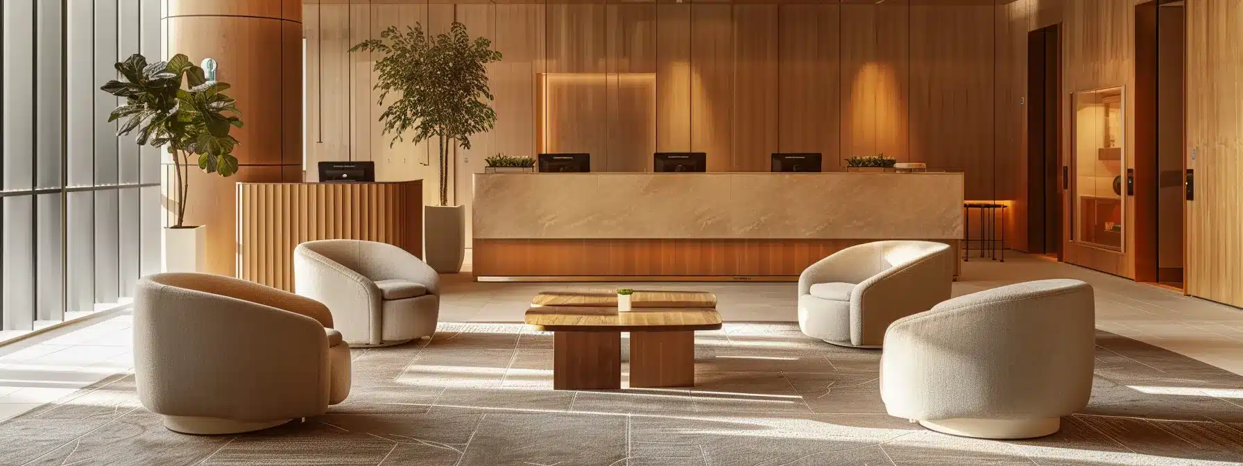 a modern assisted living facility lobby is showcased with a warm, inviting atmosphere, featuring cozy seating arrangements where families engage in thoughtful discussions, surrounded by elegant decor that highlights the essence of compassionate care for alzheimer residents.