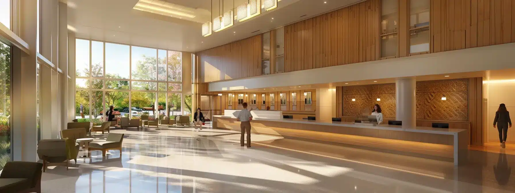 a modern assisted living facility lobby features sleek technology-integrated touchpoints for residents, illuminated by soft artificial lighting, with spacious seating areas designed for relaxation and community engagement.