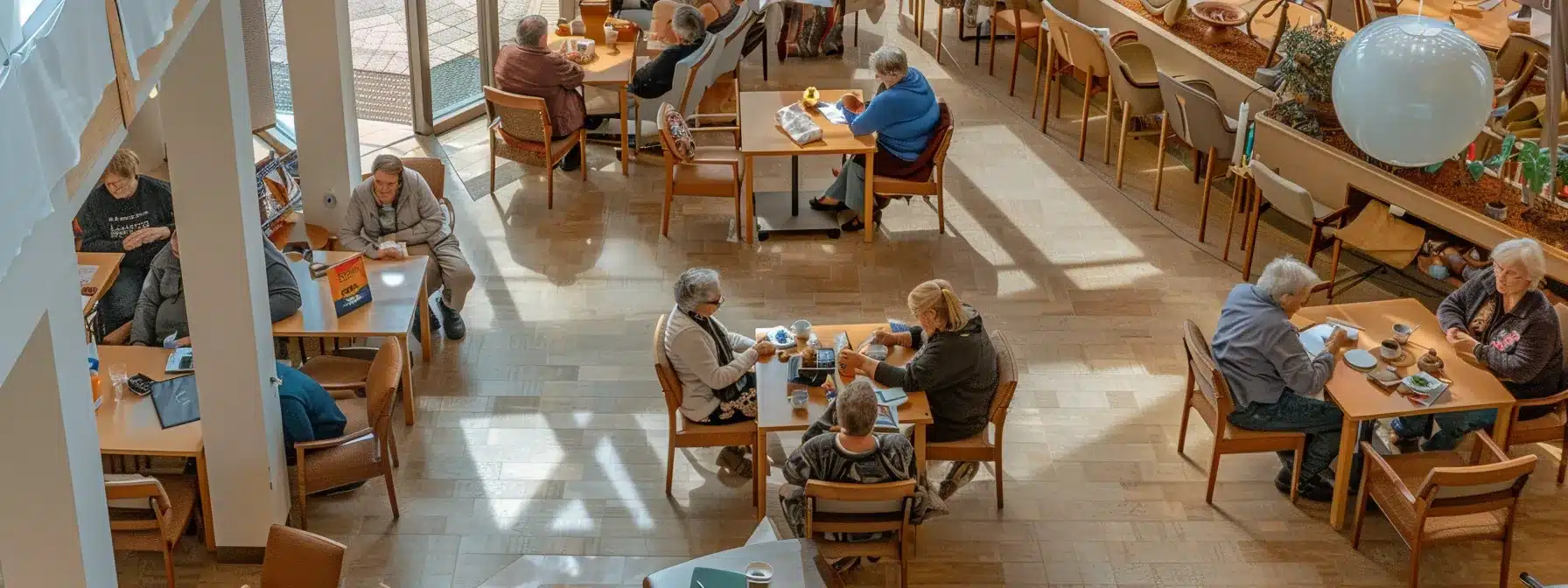a modern nursing home common area bustling with activity, featuring warm lighting and engaging residents participating in therapeutic group activities, reflecting innovative dementia care practices and community support initiatives in michigan.