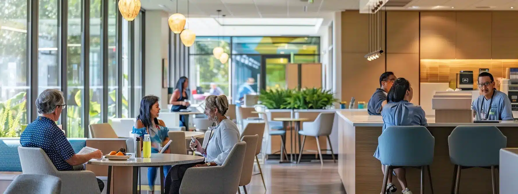 a modern nursing home interior showcases inviting communal spaces where caregivers and residents engage warmly, emphasizing the supportive community approach to assisted living and financial planning discussions around cost structures and value-based care.