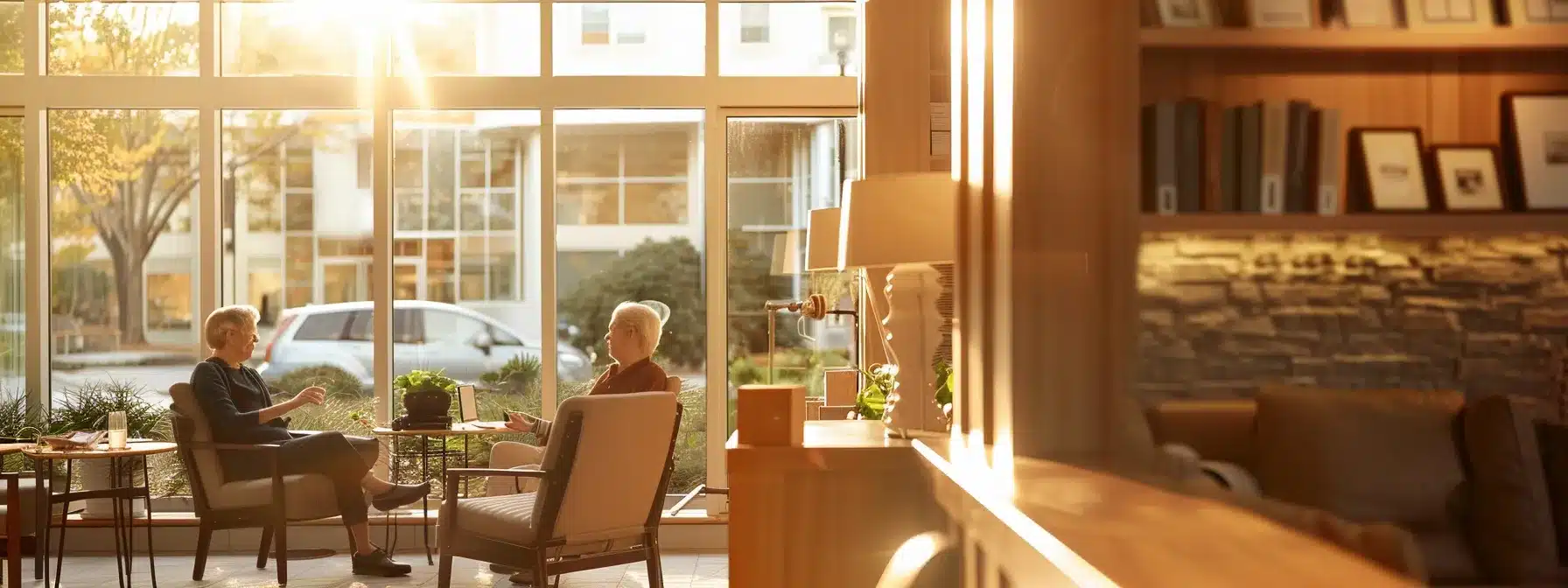 a modern nursing home interior showcases a thoughtfully designed activity room, filled with warm lighting and comfortable furnishings, featuring trained professionals engaging attentively with residents, emphasizing tailored dementia care and enhancing the quality of life for individuals.