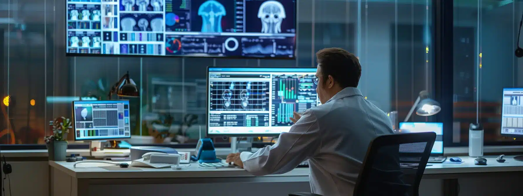 a modern office space features a large digital screen displaying tools for remote monitoring of alzheimer’s care, with a visually organized workspace that reflects the coordination and support necessary for long-distance caregivers.