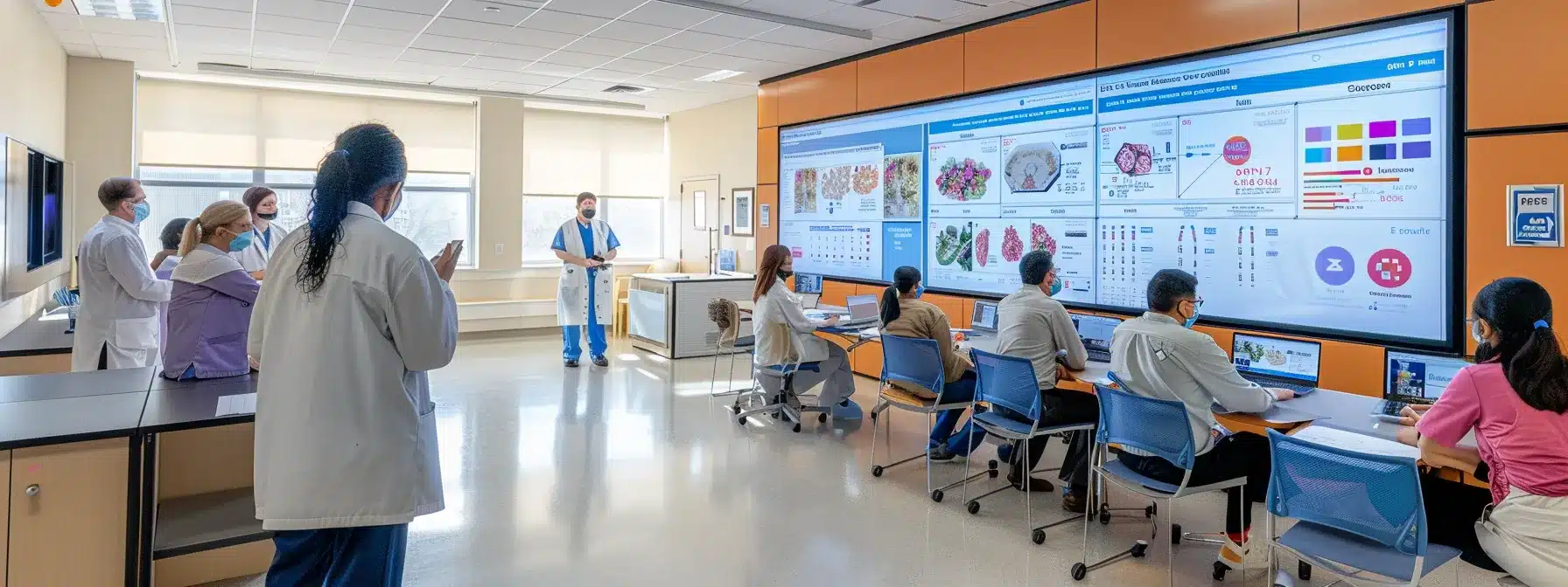 a modern training room filled with attentive nursing home staff engaged in a collaborative workshop, surrounded by informative charts and multimedia presentations focused on dementia care techniques.