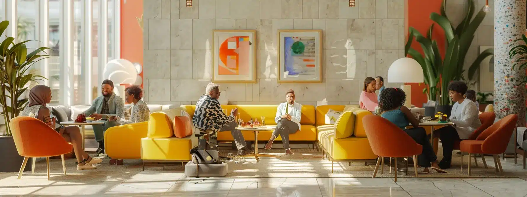 a modern, welcoming assisted living facility lobby in new york city, showcasing a diverse group of residents engaging in thoughtful conversation, with bright, contemporary furnishings and calming decor that reflects a sense of community and care.