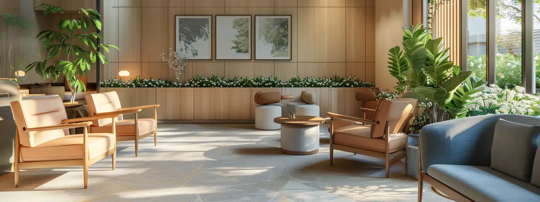 a modern, welcoming dementia care facility lobby showcases comfortable seating and informative materials, emphasizing a supportive atmosphere for families exploring quality care options for their loved ones.