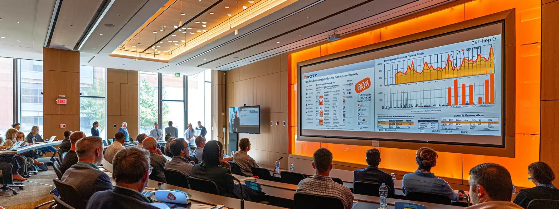 a modern, well-lit conference room filled with engaged professionals analyzing charts and graphs on a large screen, illustrating the cost comparison of dementia care options across michigan's cities.