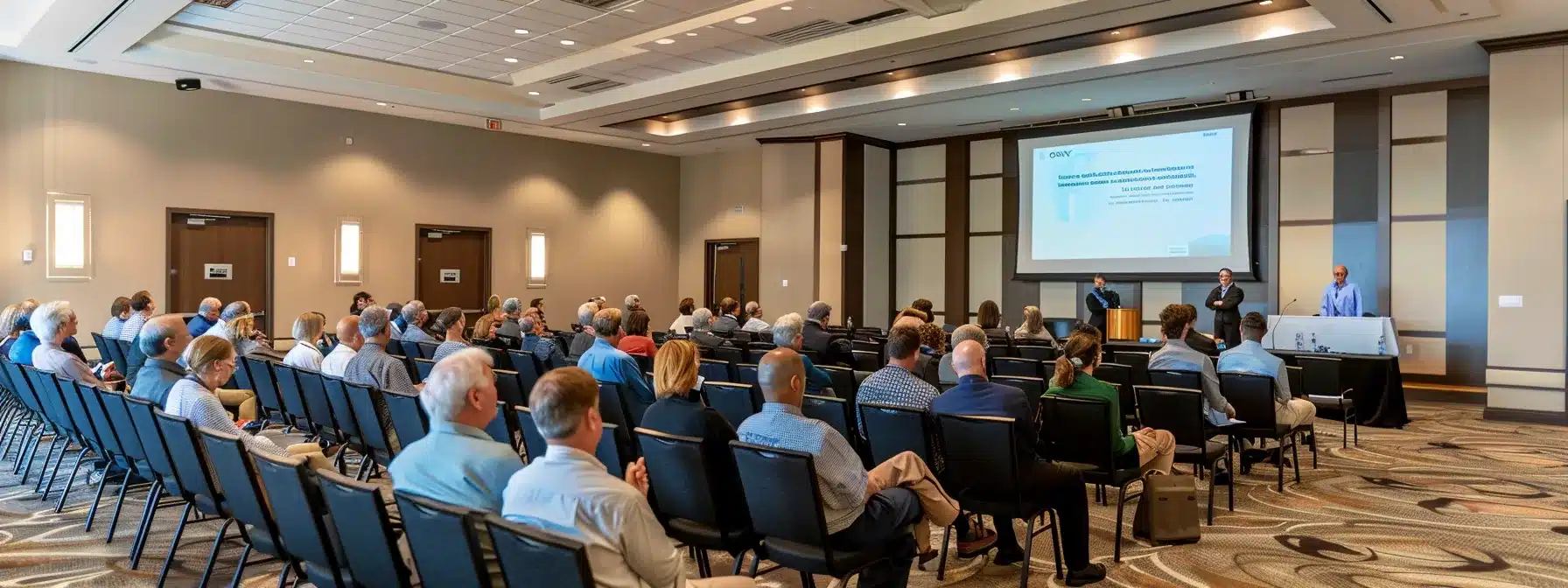 a modern, well-lit conference room featuring a presentation screen displaying information on alzheimer care resources, surrounded by engaged individuals in professional attire participating in a lively discussion about support options.