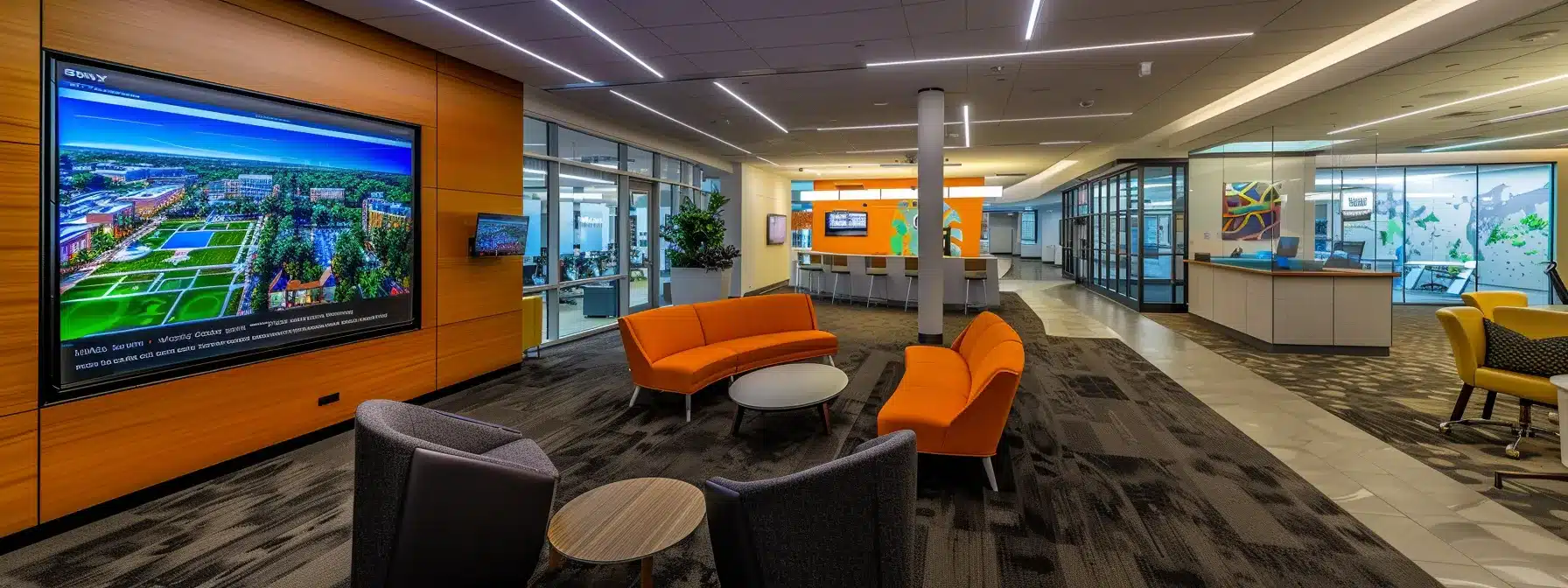 a modern, well-lit office space featuring a diverse group of professionals engaged in a dynamic discussion around a large screen displaying a map of dementia care facilities, accentuated by supportive imagery highlighting care options and resources.