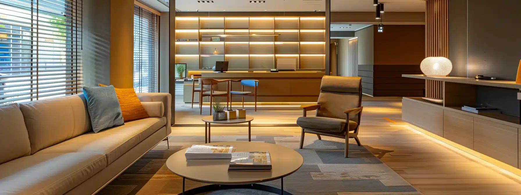 a modern, well-lit dementia care home interior showcases warm communal spaces filled with comforting furnishings, offering a secure environment for residents, while financial brochures and resources are visibly arranged on a sleek consultation table, symbolizing informed decision-making for families.
