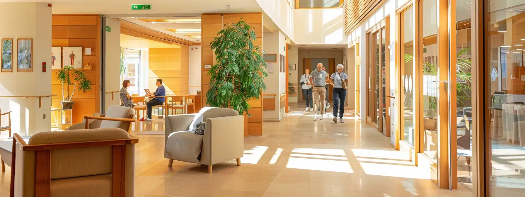a modern, well-lit dementia care home interior features spacious common areas with comfortable seating, accessible hallways, and supportive staff interacting with residents, highlighting the importance of family proximity and medical accessibility in a welcoming environment.