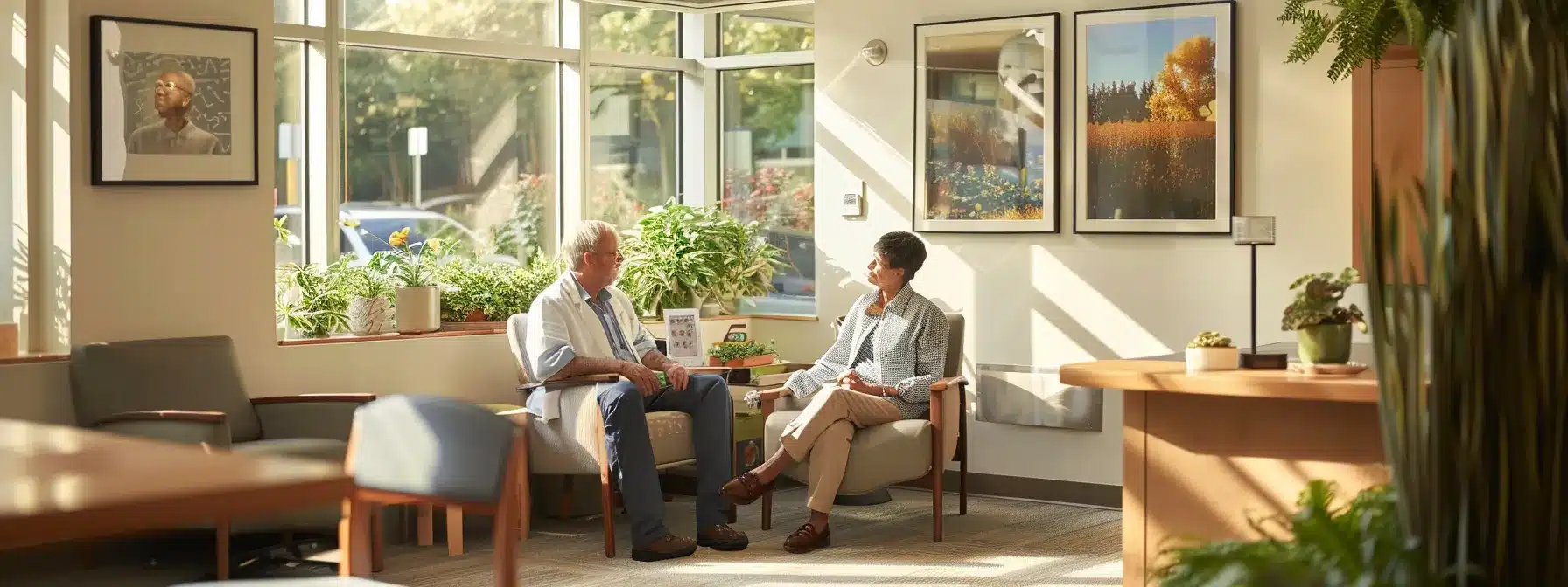a professional caregiver attentively communicates with a family member in a well-lit, modern alzheimer care facility office, surrounded by clear informational materials and supportive frameworks to emphasize the importance of quality care transitions.