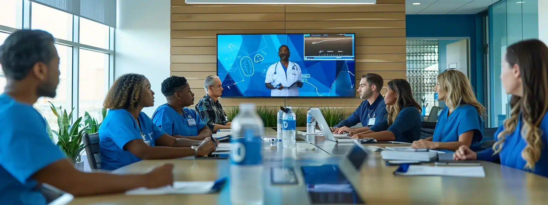 a professional, modern conference room is bustling with a diverse team of skilled healthcare providers actively collaborating over a table filled with care plans and notes, symbolizing the thoughtful construction of a custom care team for alzheimer’s support in michigan.
