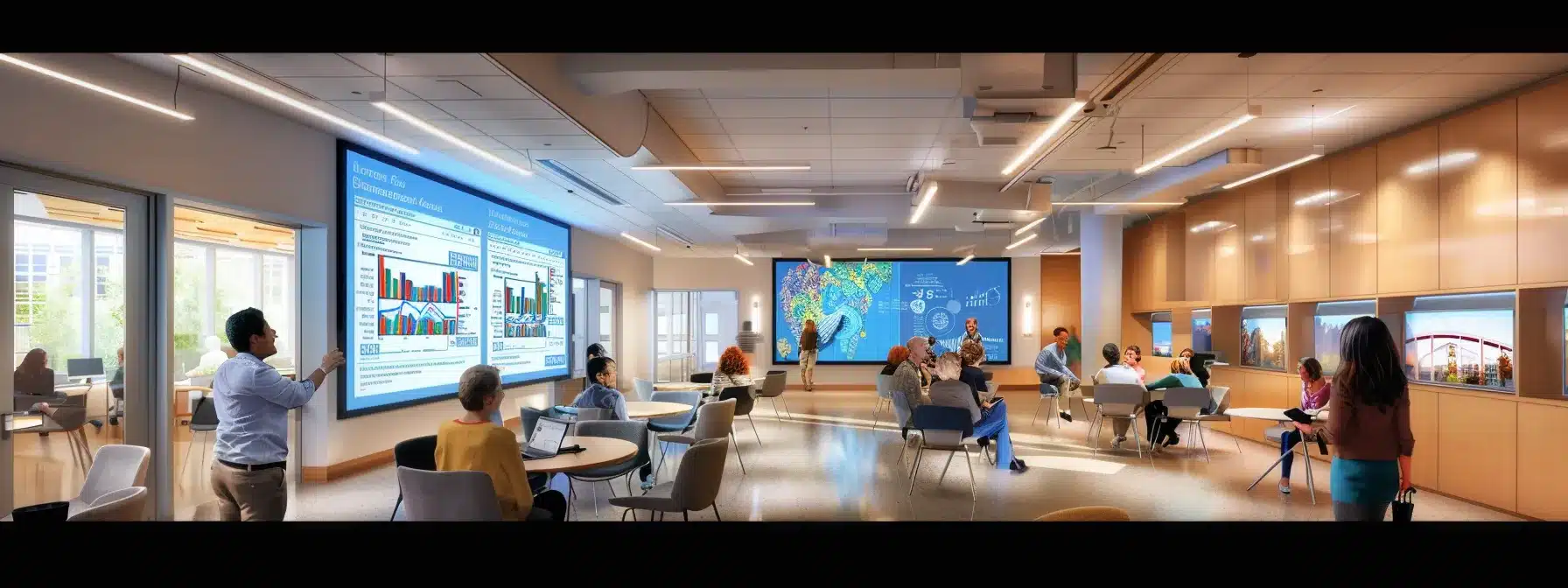 a professional office environment featuring a modern conference room with a large screen displaying a detailed infographic on dementia care costs, while attentive senior care consultants engage in a vibrant discussion with a diverse group of elderly individuals, all illuminated by bright overhead lights.