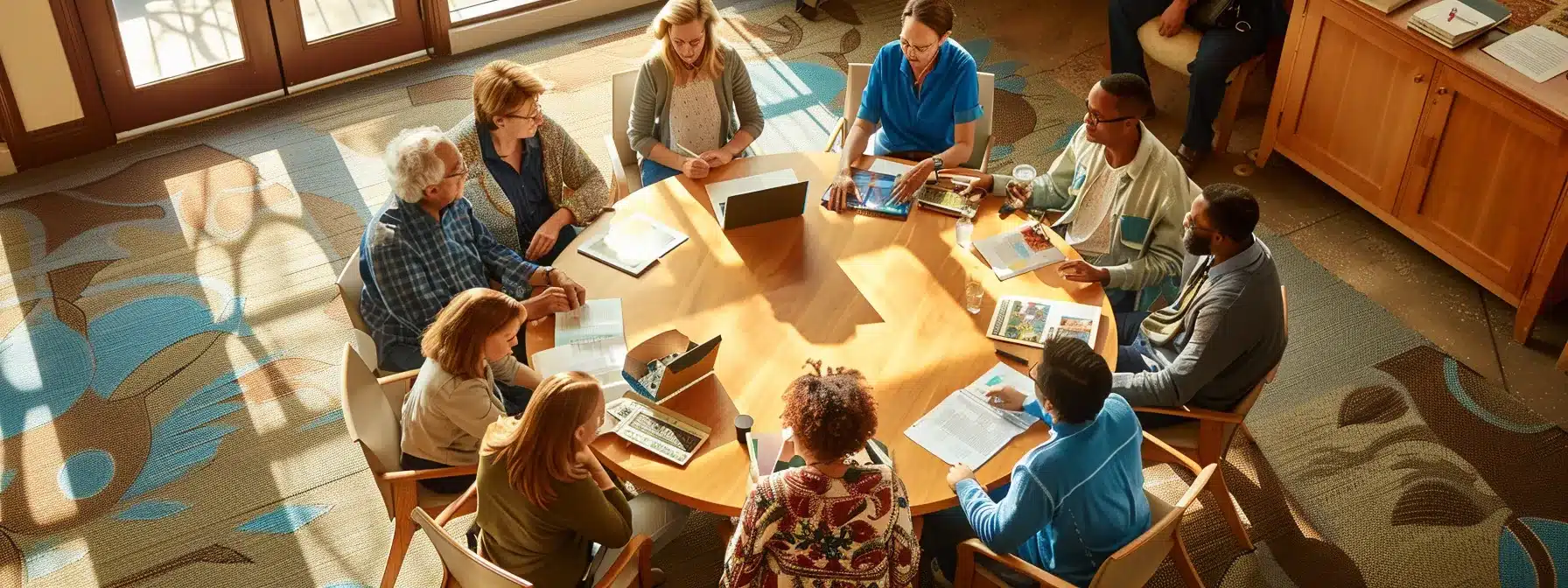 a professional office setting featuring a large round table surrounded by diverse caregivers engaged in a focused discussion, with resource brochures and a laptop open, emphasizing collaboration and the importance of community support in dementia care.