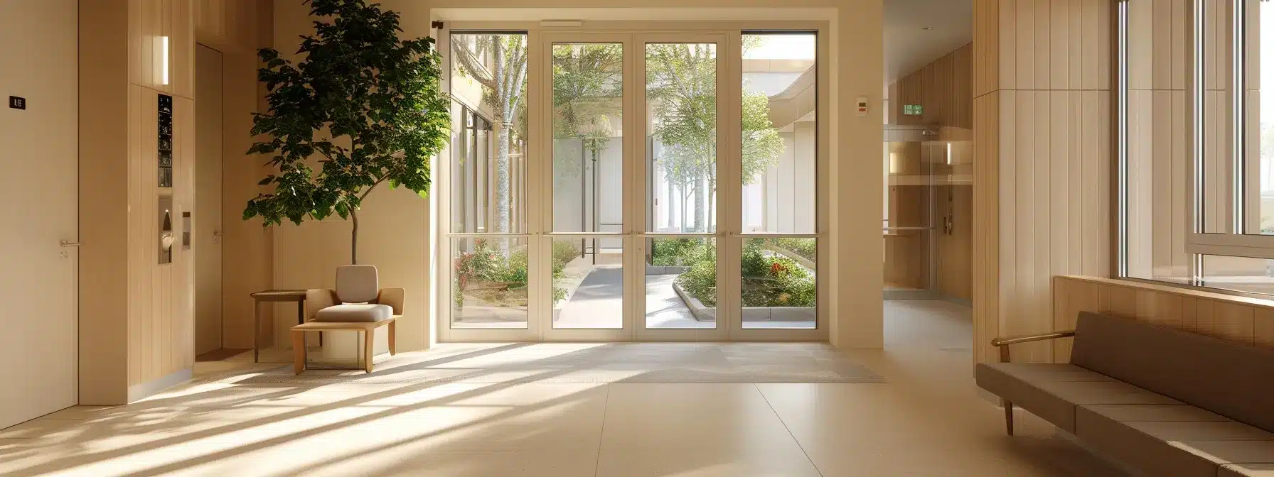 a secure and inviting interior of a specialized alzheimer care facility, featuring well-organized, comforting living spaces equipped with safety features like secure doorways and visible emergency response stations, highlighting a serene atmosphere designed for resident well-being.