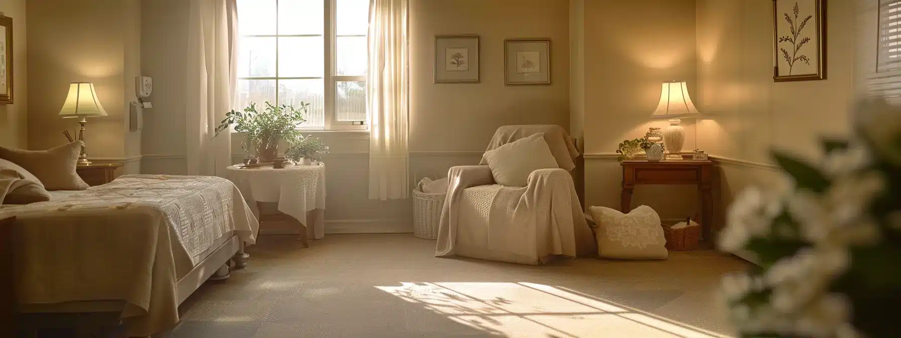 a serene and inviting hospice care room, elegantly furnished with soft lighting, comfortable seating, and calming decorations, designed to provide a supportive environment for individuals with alzheimer’s disease and their families in michigan.
