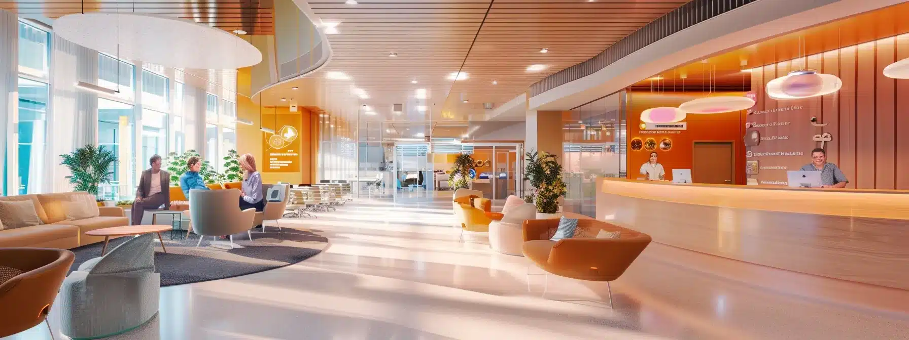 a serene and organized alzheimer's care facility lobby showcases thoughtful design with comfortable seating, informative displays on care options, and friendly staff interacting with residents, emphasizing a supportive environment for families seeking trusted care solutions.