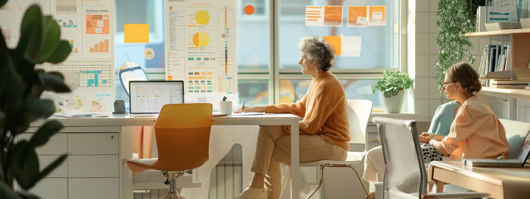a serene and organized office space features caregivers discussing respite care options, surrounded by informative charts and resources that emphasize effective planning and support for managing dementia care.