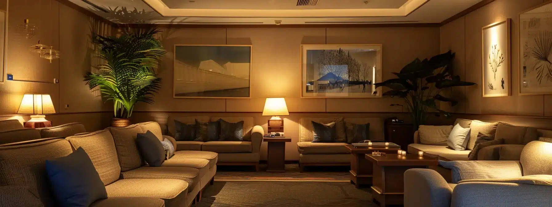 a serene and professionally designed nursing care facility common area, featuring carefully arranged seating, soft ambient lighting, and engaging artwork on the walls, conveying a sense of comfort and support for dementia patients and their families.