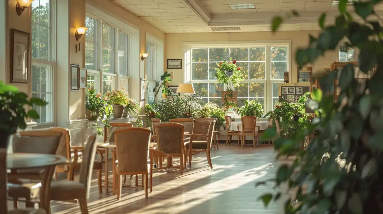 a serene and well-maintained skilled nursing home surrounded by lush greenery, showcasing caregivers attentively supporting individuals with dementia in a bright, sunlit common area, emphasizing compassion and quality care.