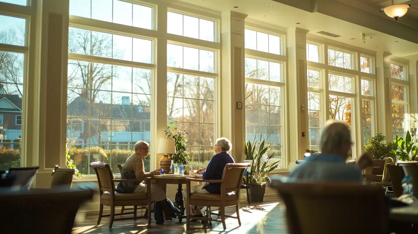 a serene nursing home environment features engaged residents participating in vibrant activities that promote cognitive stimulation and social interaction, illuminated by warm, natural light filtering through large windows.
