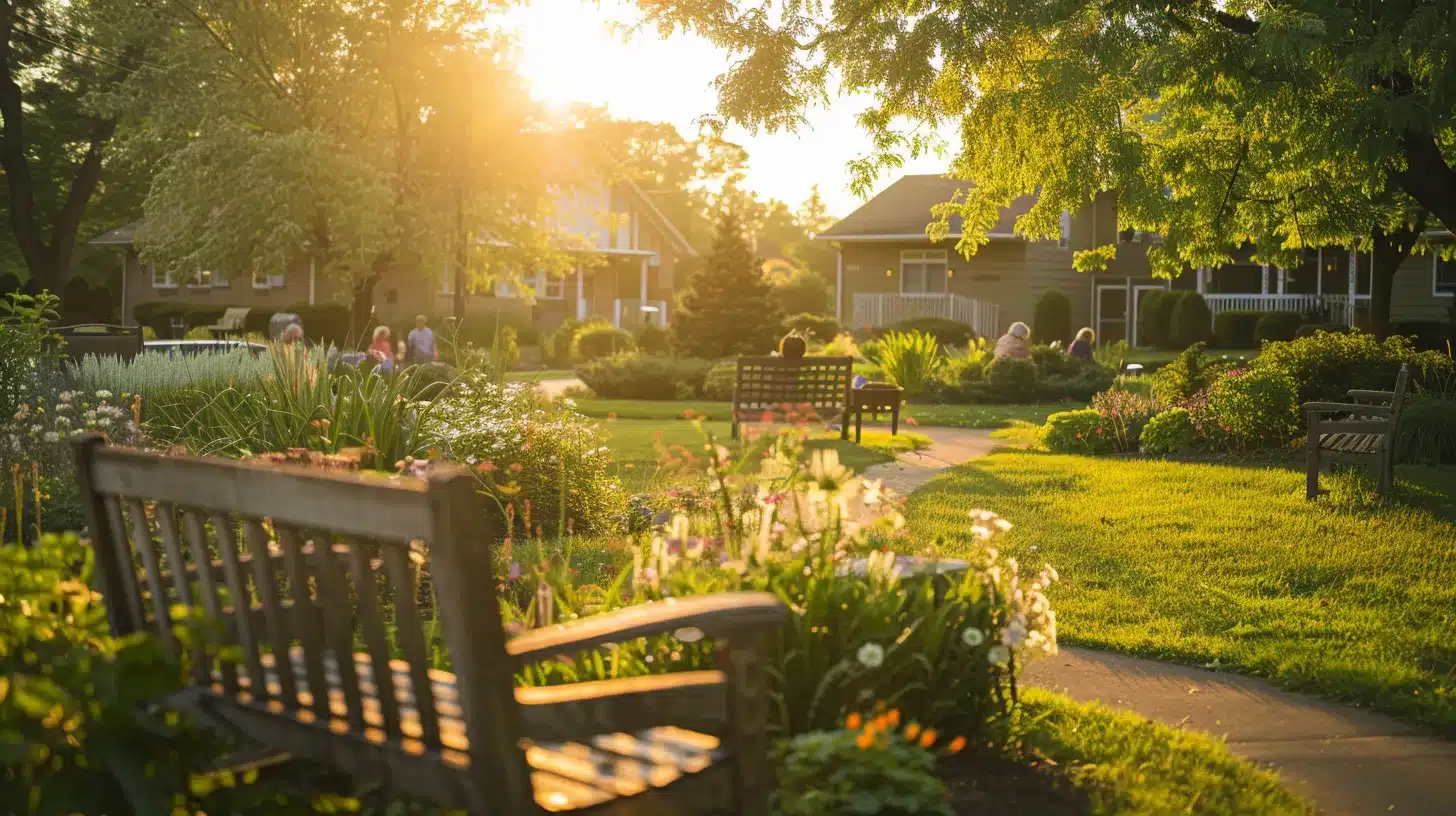 a serene outdoor space at a ypsilanti senior living community, featuring vibrant green gardens, cozy seating areas, and residents engaging in social activities, all bathed in warm, golden sunlight.
