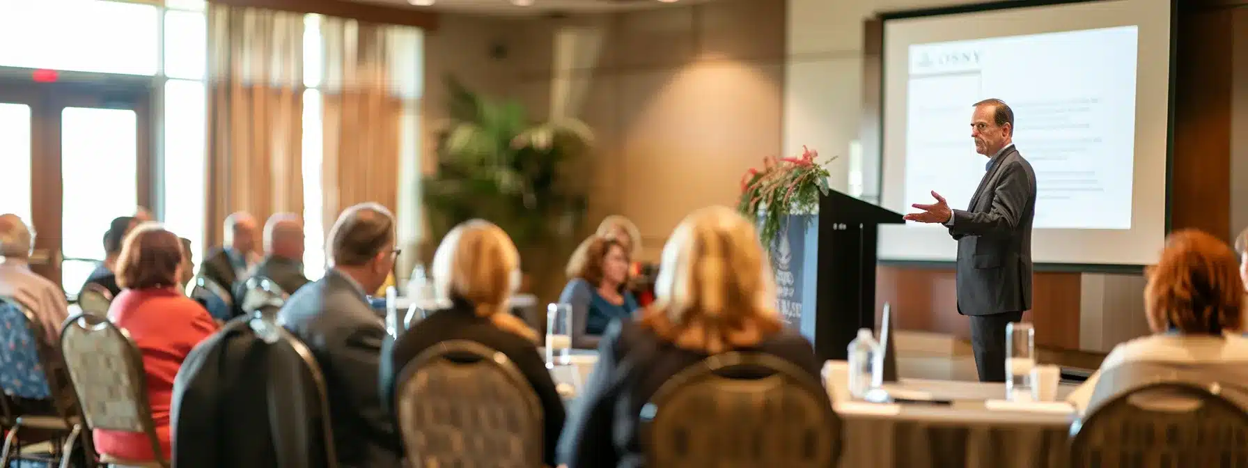 a sophisticated, well-lit conference room features a diverse group of professionals engaged in a focused discussion about evaluating assisted living facilities, with highlighted documents and visuals illustrating key considerations like staff credentials and resident testimonials prominently displayed on a sleek presentation screen.