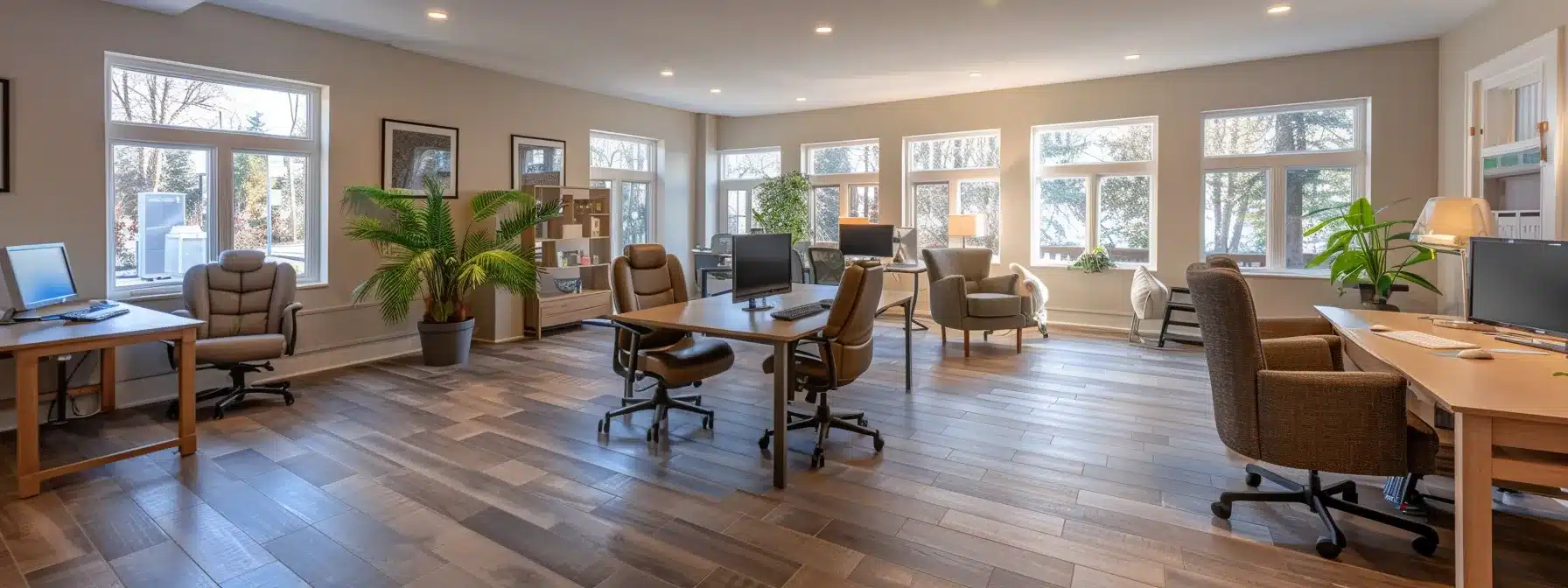 a spacious, well-lit dementia care home office showcases professional caregivers engaged in a training session, surrounded by resources on safety protocols and memory care services, emphasizing an environment of compassion and competence.