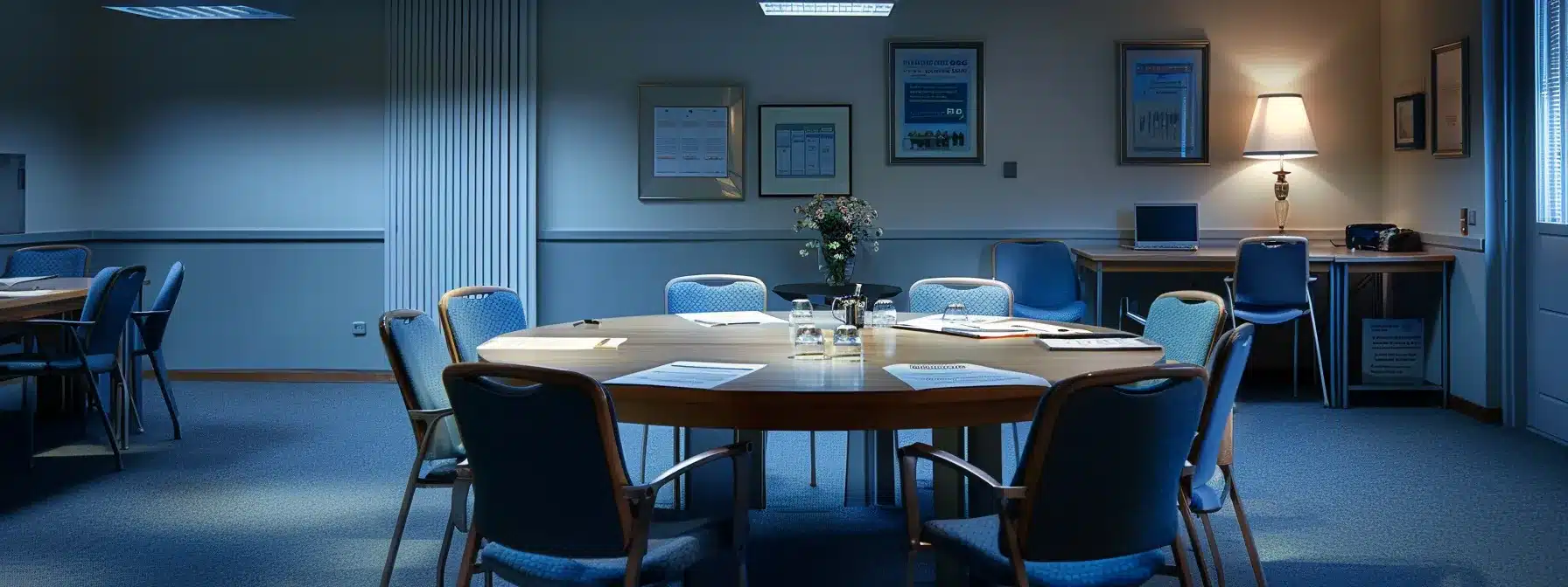 a thoughtfully arranged meeting room in a dementia nursing facility, featuring a round table with informative brochures and quality assessment charts, illuminated by soft overhead lighting, illustrating caregivers discussing personalized care options for residents.