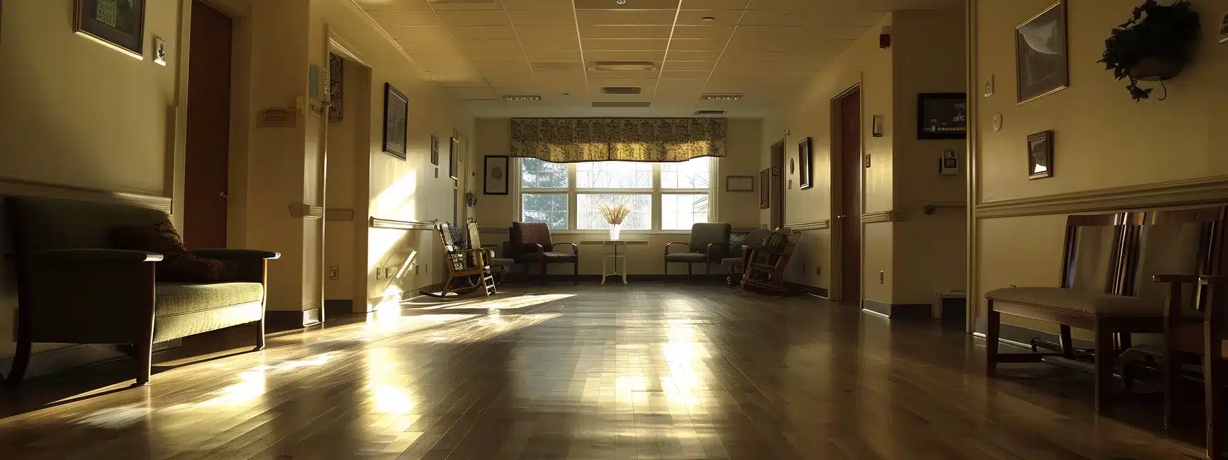 a thoughtfully designed, welcoming nursing home interior in michigan, featuring comforting communal spaces adorned with soft lighting and personal touches, conveys a sense of warmth and security, ideal for families considering dementia care options.